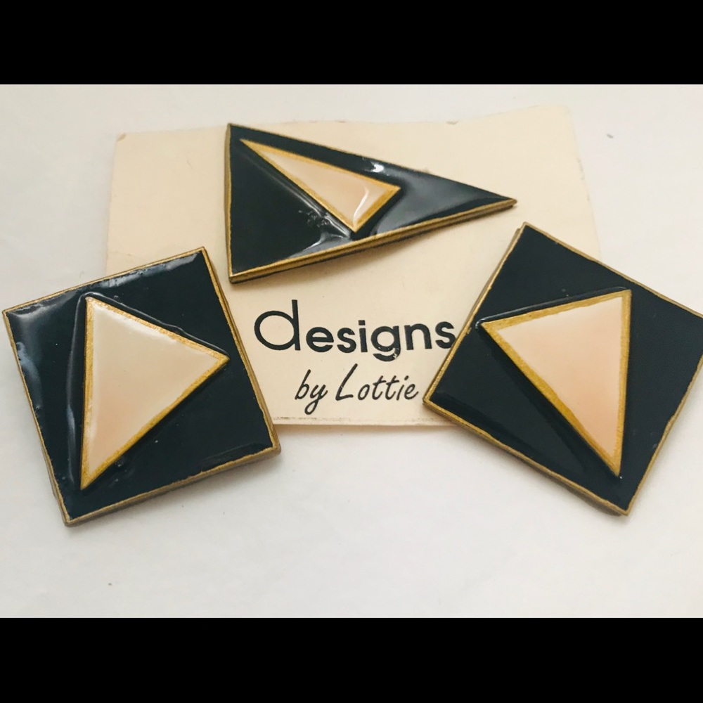80s vtg Art Deco earrings & brooch pin 3 pc set